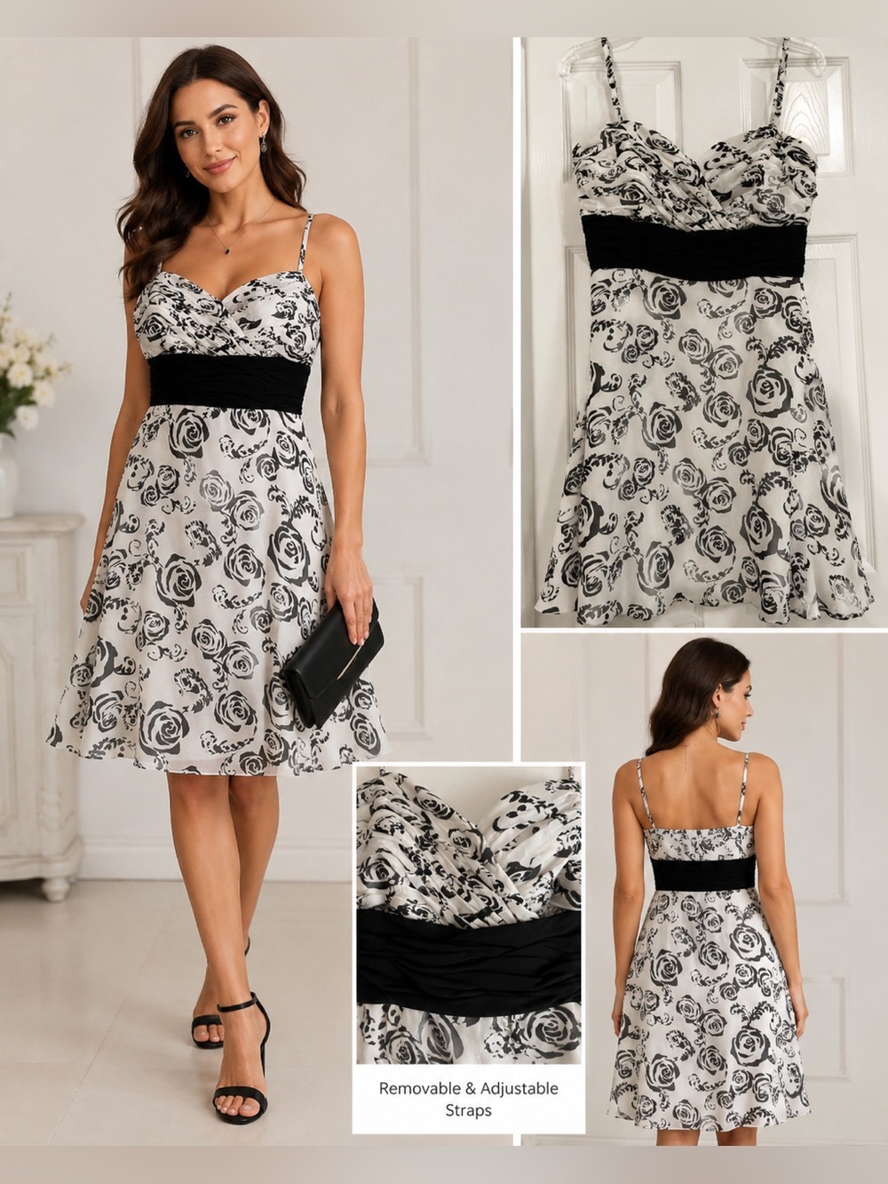 WHBM Floral Black & White Silk Dress Cocktail dress. Removable straps. Size 6.